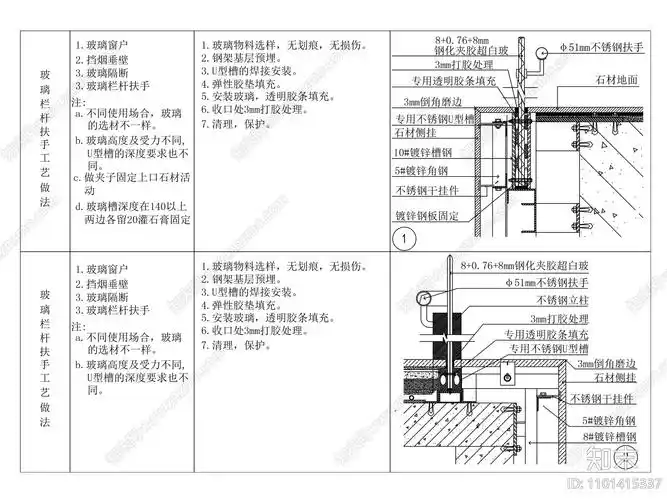 玻璃栏杆扶手做法大样施工图下载【id:1101415337】