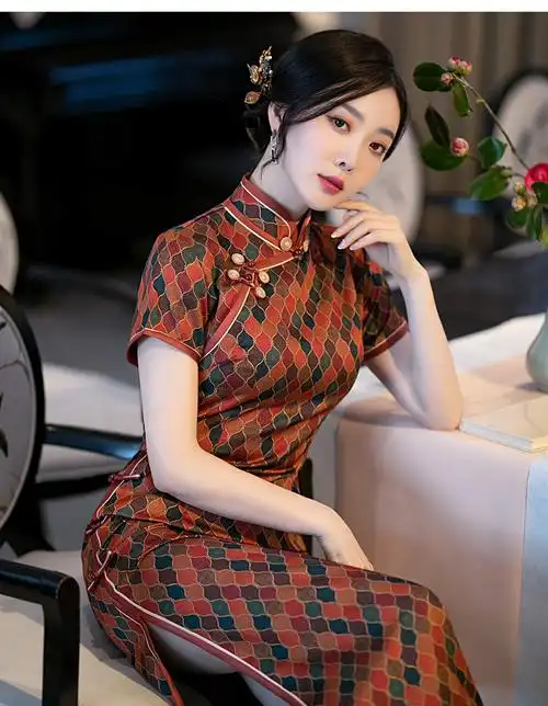 乔曼莎品牌女装长款旗袍女2022春夏新款季格子丝绸薄修身复古风连衣裙