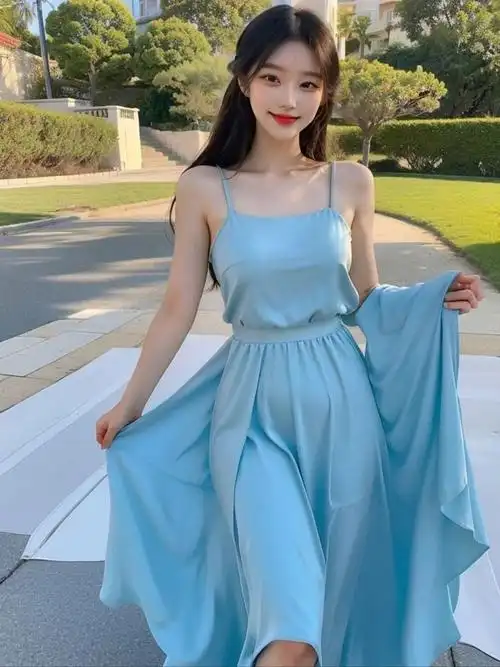 美女,夏日清新女神杨晨晨,蓝色吊带裙撩人心弦!