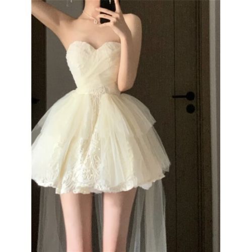 创京懿选生日抹胸小礼裙公主裙生日小礼服仙女拖尾礼服蕾丝抹胸连衣裙