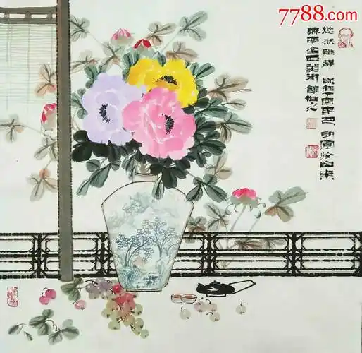 著名画家郑守宽先生四尺斗方小写意水墨花瓶静物牡丹花丁酉年-花鸟