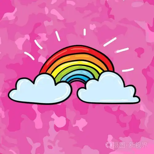 粉红色背景下可爱卡通彩虹图标的矢量图解设计