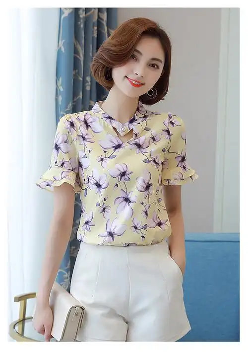 雪纺衫女短袖2017夏季新款韩版v领上衣喇叭袖显瘦印花雪纺打底衫