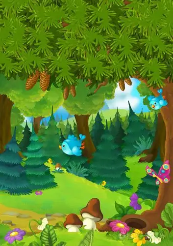 卡通背景下,没有人在舞台上的一片森林