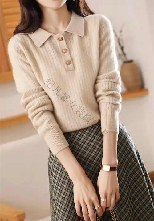 纪凡馨2021年冬季冬女polo领抽条系扣套头毛衣纯针织打底衫藏蓝色s