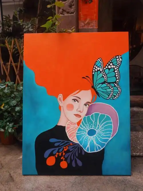 插画装饰画微醺蝴蝶少女丙烯画