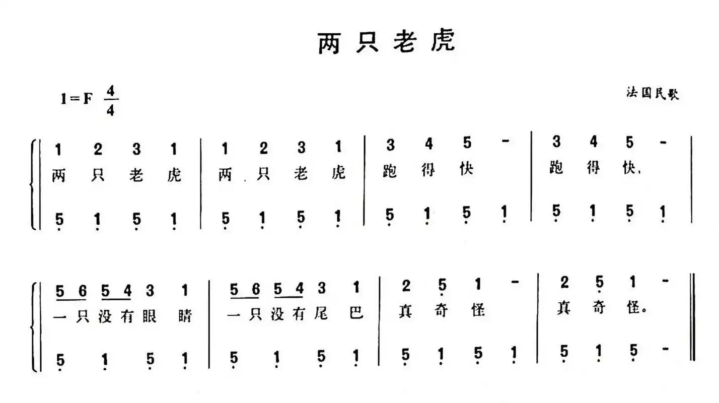 【钢琴】弹奏儿歌:《两只老虎》简谱及五线谱
