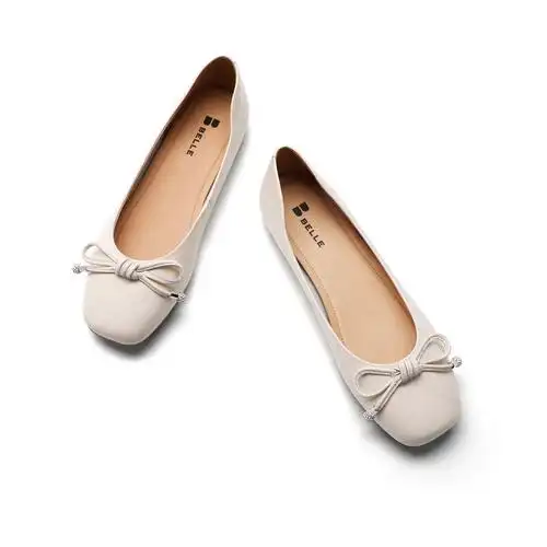 belle百丽2021春新商场同款菱格牛皮皮革蝴蝶结单鞋