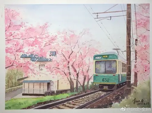 水彩风景# 开往春天的列车