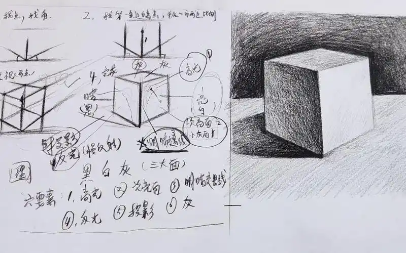 锦州市艺峰画室入门级素描教学正方体第一课