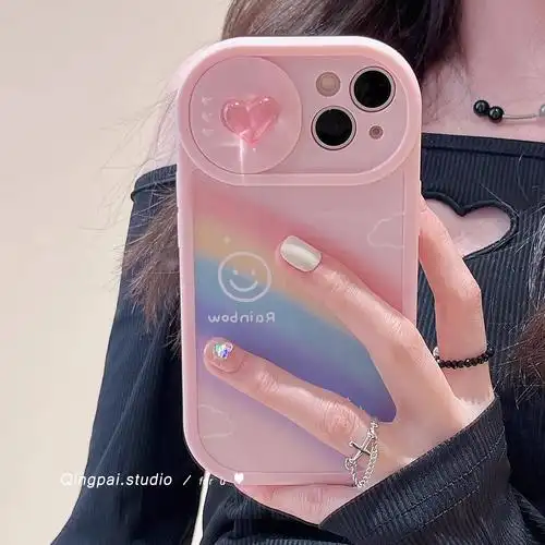 粉色彩虹笑脸适用iphone13promax苹果12手机壳推拉拉窗手机保护套