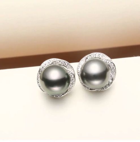 大溪地海水黑珍珠耳钉耳环耳饰8-9正圆正品强光s925银针女礼物