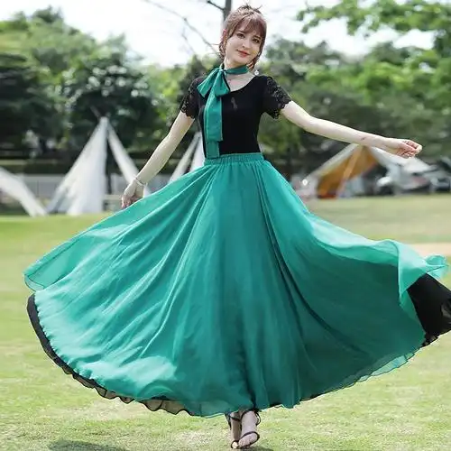 波西米亚夏季新款雪纺半身裙女修身甜美高腰度假长裙纯色大摆半裙