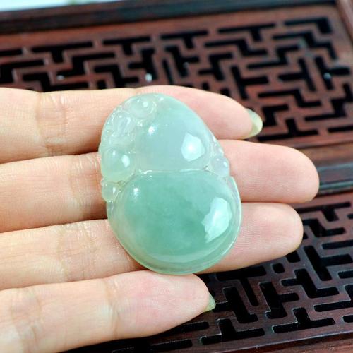 缅甸玉天然a货翡翠玉器冰糯种特色精雕浅绿色福禄双全葫芦吊坠