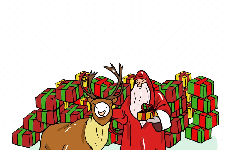 圣诞节圣诞老人带着驯鹿一起出来送礼物png插图