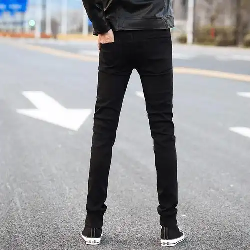 夏季黑色弹力牛仔裤男士韩版修身小脚裤潮牌弹力男装春秋款男裤子黑裤