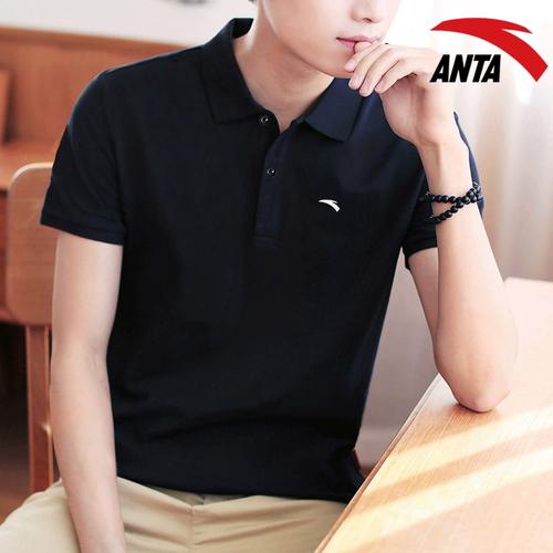 安踏短袖t恤男装翻领polo衫夏季新款半袖速干运动服男黑色体恤衫