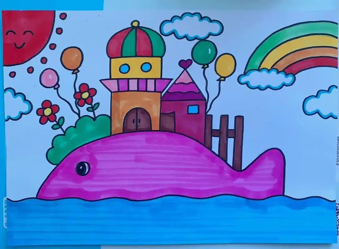房子儿童卡通画 鲸鱼儿童画 鲸鱼房子创意画 笔:多乐绘马克笔 适合4-8