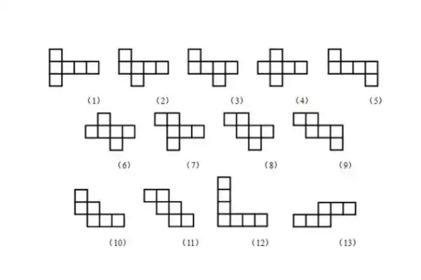 展开图特点:在这类展开图中,最长的一行(或列)有四个正方形(如图1～6