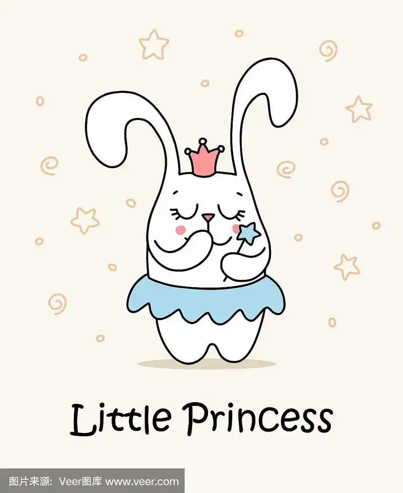 可爱的小兔子公主拿着魔法棒.平面矢量卡通动物插图