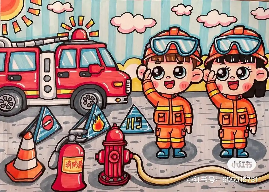 少儿美术教育 #一起学画画 #儿童画作品 消防安全绘画素材 - 抖音