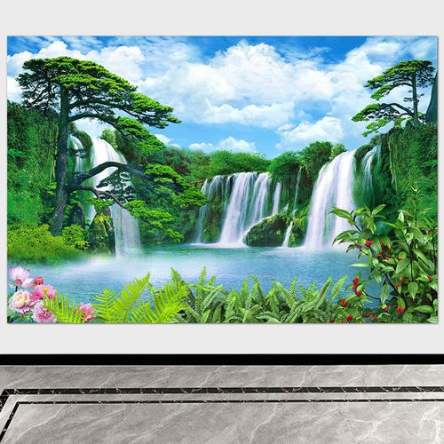 黄果树瀑布风景画高山流水画迎客松青山绿水客厅山水画风水靠山图