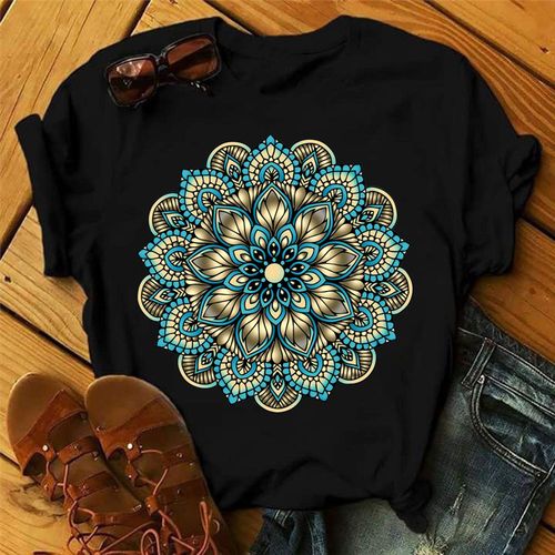 新款欧美风曼陀罗花印花小众风女士黑色短袖t恤上衣莫代尔体恤衫