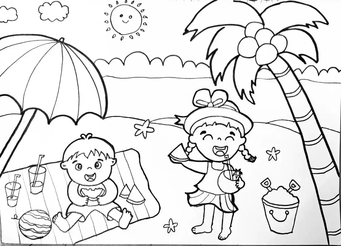 主题画|夏日沙滩主题画.夏日海边沙滩创意画,儿童画,放暑假了 - 抖音