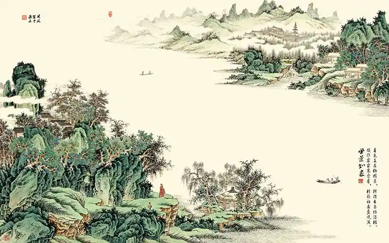 xt92381新中式山水渔船江河房子古人江山如画寓意