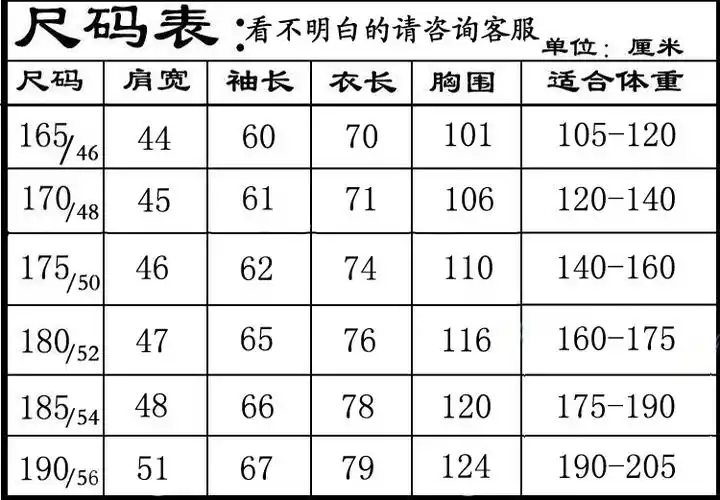 西服尺码表