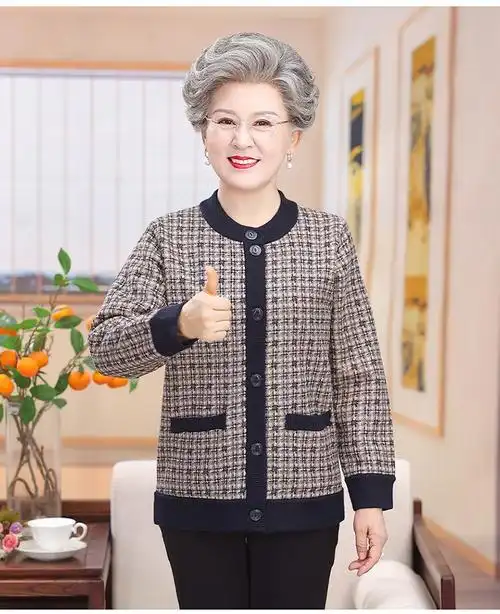 加大码70岁老太太冬装针织开衫加厚加绒八十岁老人女奶奶毛衣外套 深