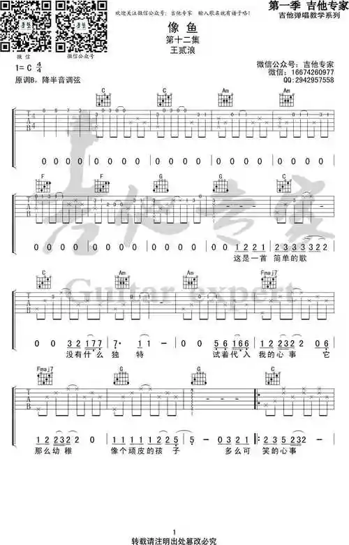 像鱼吉他谱 王贰浪 c调弹唱谱