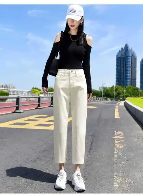 白色新款牛仔裤女直筒宽松春秋季韩版高腰显瘦潮流百搭九分烟管裤白色