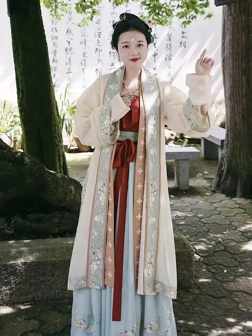 花影小万姑娘宋制汉服全缘边刺绣双层长褙子吊带齐腰裙夏