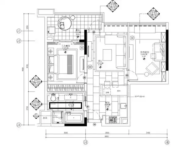 号户型一居室样板房全套施工图 效果图 物料 资料内容包含:平面布置图
