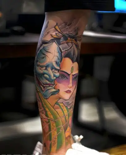 花妓与般若结合的花腿纹身图案