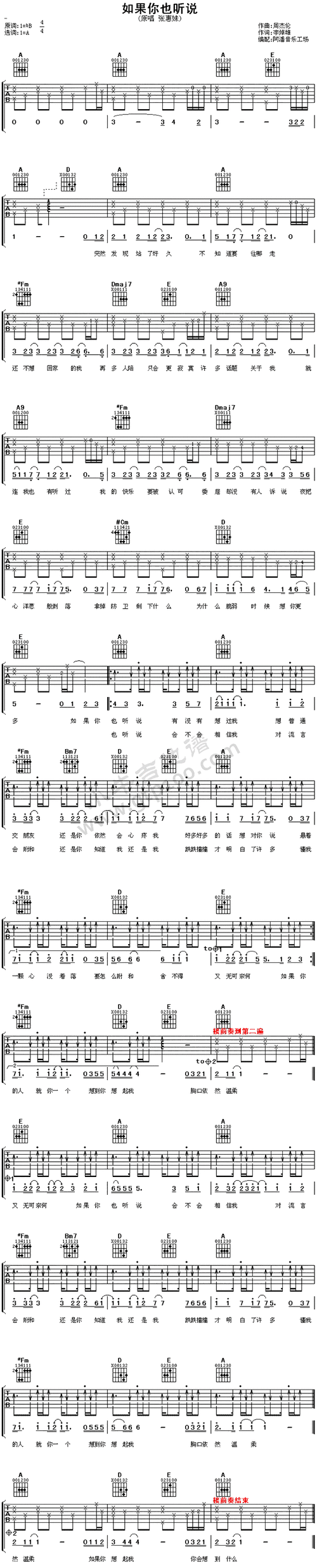 如果你也听说 - 张惠妹_歌谱歌词_曲谱资料