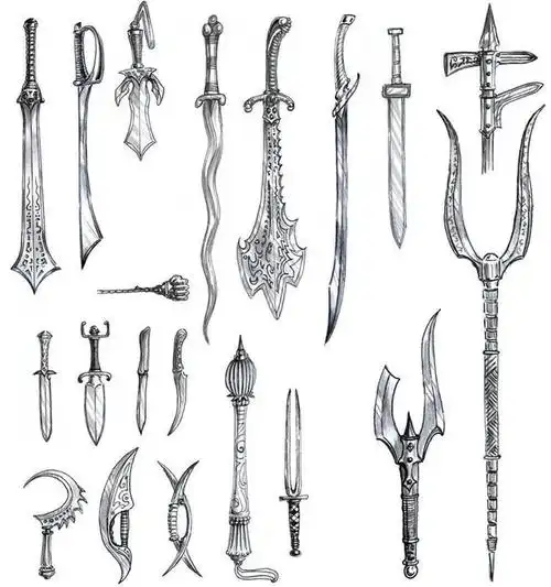 刀枪剑戟斧钺钩叉各种游戏武器的画法素材