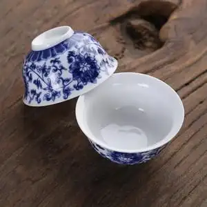 青花瓷功夫小茶杯茶具陶瓷小杯子10个装40毫升单杯高白瓷杯家用