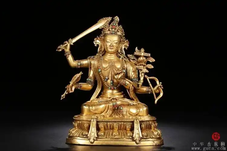 清代.精铜鎏金嵌宝精作四臂文殊菩萨造像jlk147-cd