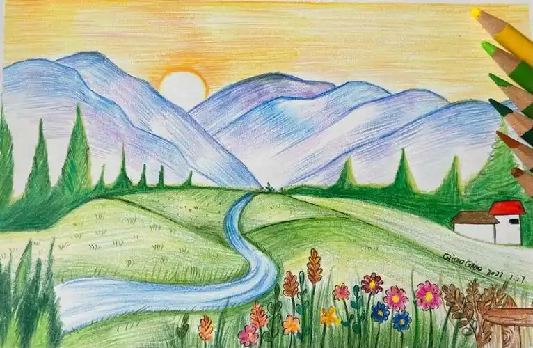 是我向往的生活呀～#画画  #彩铅手绘  #彩铅画  #风景  #听闻远方有