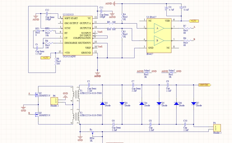 我按照数据手册中的电路搭建了用uc3525驱动的推挽电路,其中vin与vc均