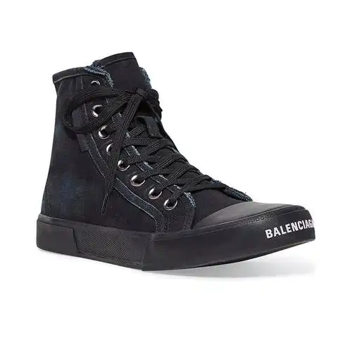 巴黎世家 男士黑色破洞棉配黑色橡胶做旧褪色效果边缘印刷标志运动鞋