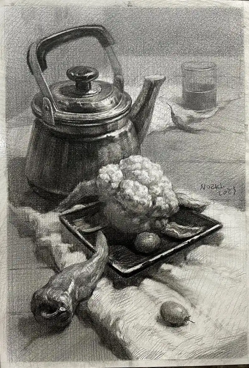 静物素描示范 不锈钢 西兰花.#一起学画画 #画室日常 #静 - 抖音