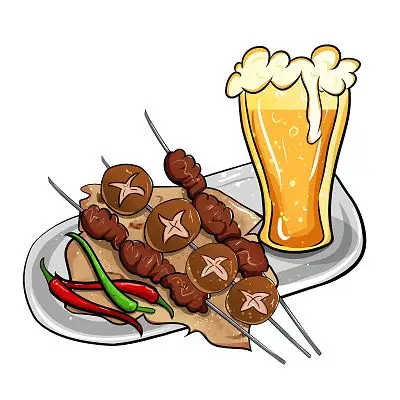 炸串手绘卡通烧烤啤酒小吃串串烤串宵夜烧烤元素