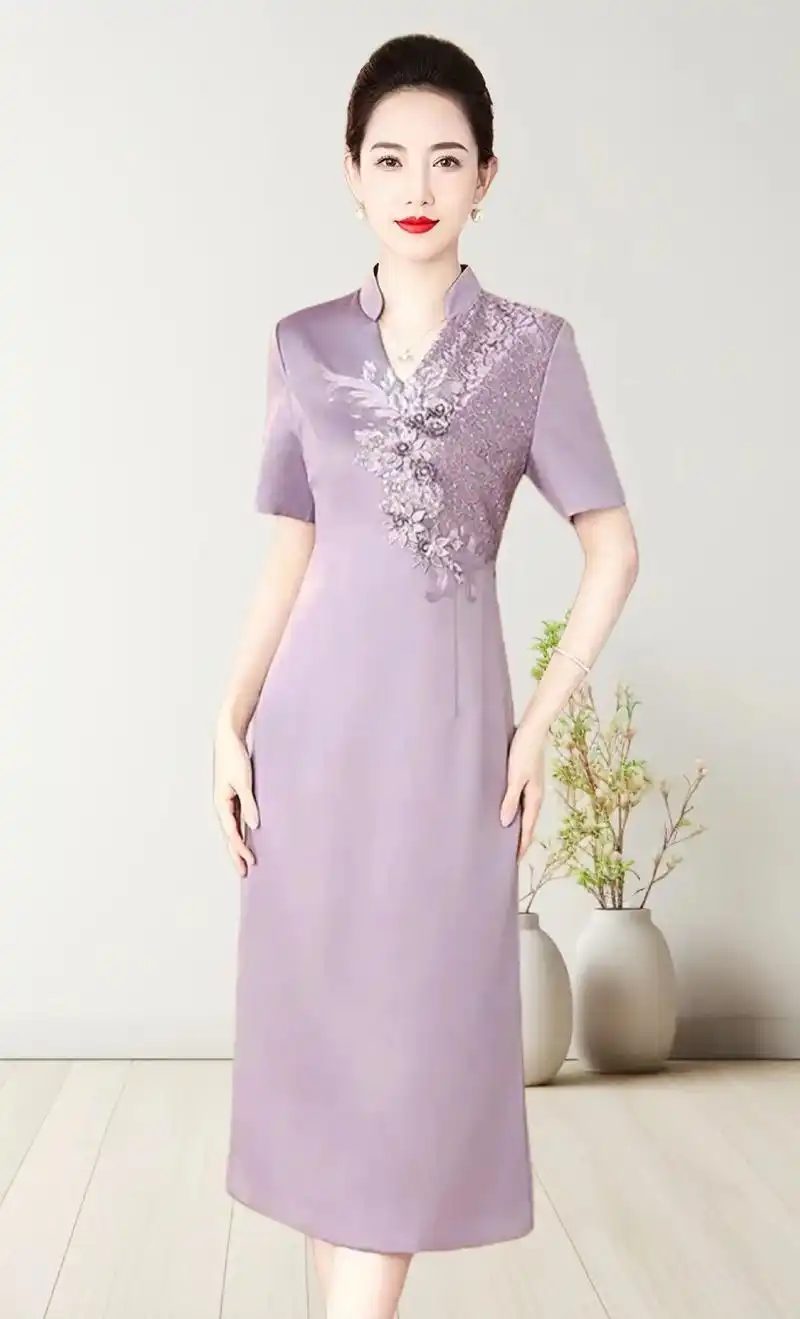 春夏季新款高贵妈妈婚宴礼服夏装浅紫色高档喜婆婆装旗袍连衣裙