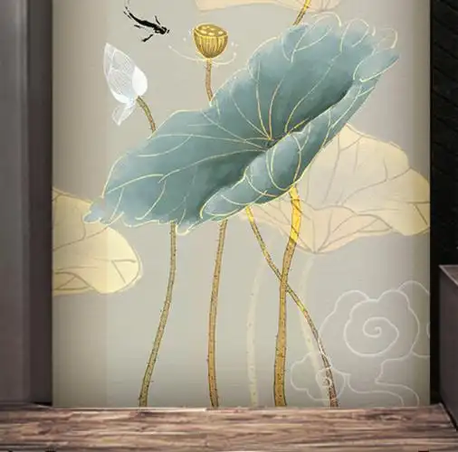 多美莱荷花禅意壁画玄关走廊过道壁纸中国风墙纸客厅无缝墙布定制 a