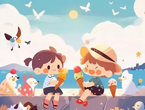 夏日夏季孩子在沙滩开心的吃冰激凌甜筒的卡通风格插画