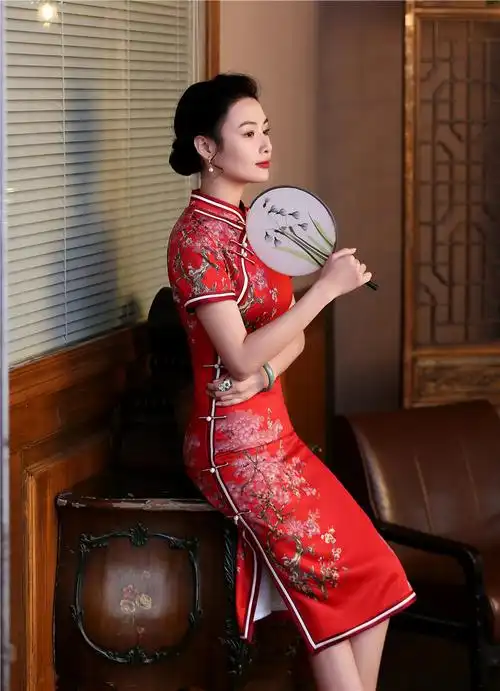 qiyun轻奢品牌女装 复古真丝旗袍女2020夏季新款大码高腰中国风妈妈装