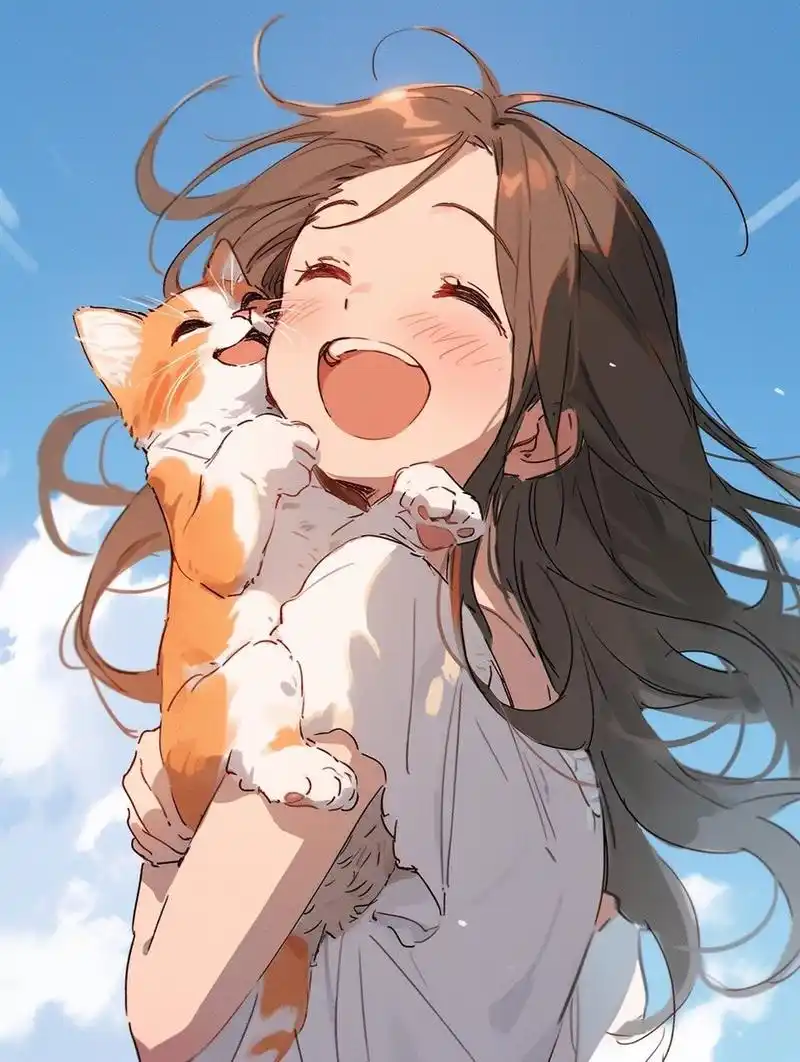 【动漫女生头像】抱着猫开心大笑的女孩 阳光蓝天下, 笑的灿烂的女孩.